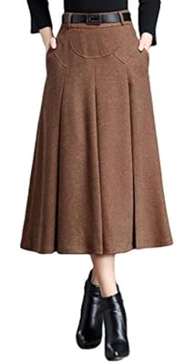 Itemnew Womens Elegant High-Waist A-Line Pleated Midi Woolen Skirt with Pockets