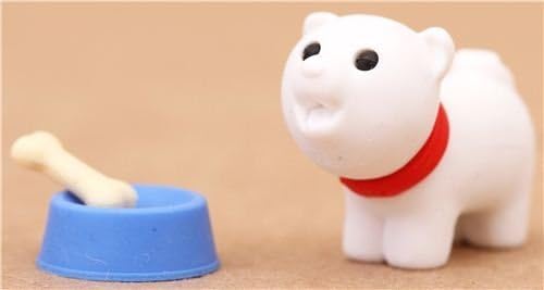 white dog with feeding dish and bone eraser by Iwako