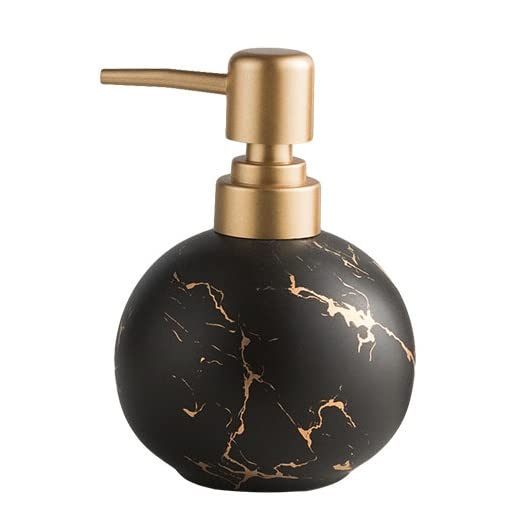 Gold Soap Dispenser for Bathroom or Kitchen, Cute Marble Round Ceramic Lotion Bottle, Rust-Free Pump(Black)