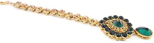 Sparkle World Indian Green Kundan Maang Tikka Bridal Matha Patti Forehead Head &amp; Hair Chain Jewelry