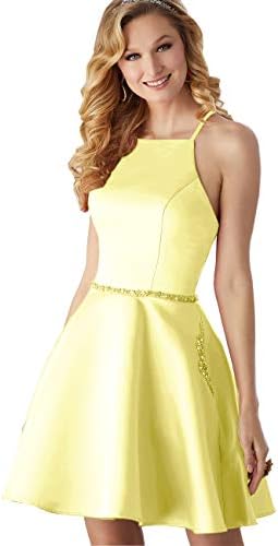 Women's Halter Beaded Homecoming Dress Short A-line Satin Formal Gown with Pockets