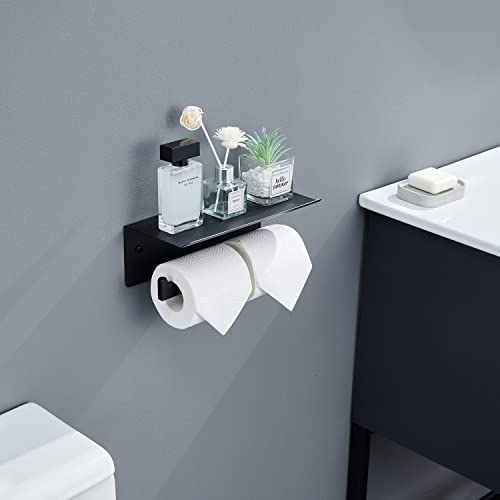 Double Toilet Paper Holder with Shelf Matte Black , Bathroom Stainless Steel Dual Roll Toilet