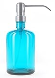 Recycled Turquoise Glass Soap Dispenser with Extra Long Stainless Steel Pump. 100% Quality Guarantee. Classic Modern Design for Kitchens or Bathrooms. Stylish Packaging with Re-usable Drawstring Bag.