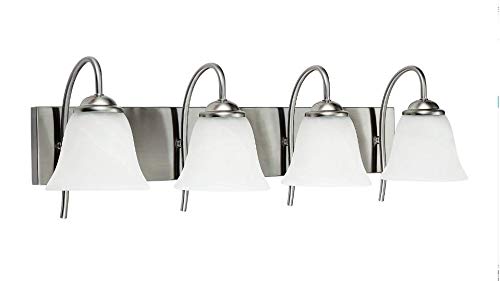 OSTWIN 4-Light Bath Bar Light Up or Down, Interior Bathroom Vanity Wall Lighting Fixture VF41, 4x60 Watt E26 Socket, Satin Nickel Finish with Alabaster Bell Glass Shade UL Listed
