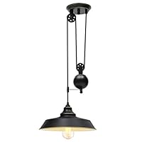 KingSo Rustic Pulley Pendant Light One Light Adjustable Height Industrial Black Ceiling Hanging Light Indoor Island Lamp for Dining Living Room Kitchen Hallway Foyer Farmhouse, One Light