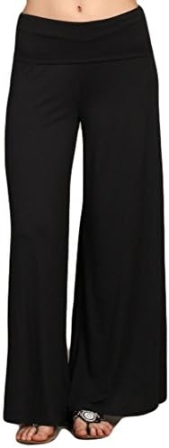 Womens Solid Black Side Slit Leg Fold Over Wasit Wide Palazzo Pants (Medium)
