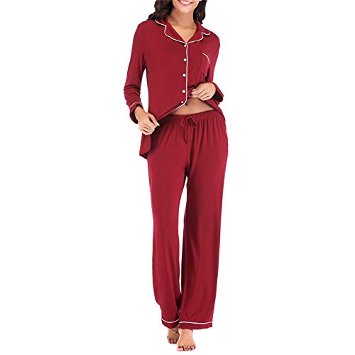 Pajamas Set Long for Women\'s Button Down Sleeve Sleepwear Nightclothes Soft Pj Lounge Sets Red XXL