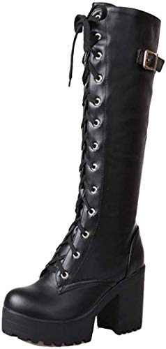cross strap block heel knee high boots