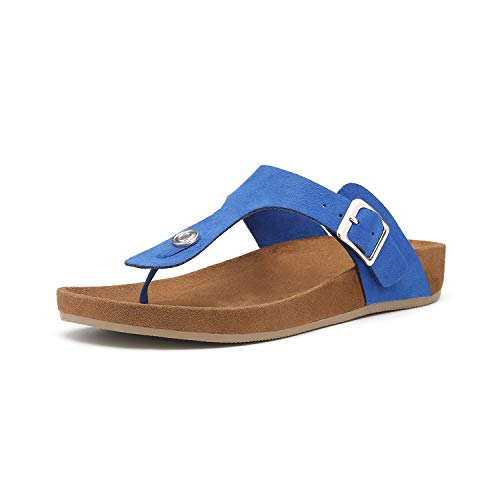 Women's T-Strap Thong Sandals Buckle Slip On Flip-Flops Beach Casual Platform Footbed Slippers (8, Blue)