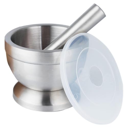 Pilao de Inox com Socador para Cozinha, com Tampa à Prova de Respingos e Base Antiderrapante, Inox 18/10, não Altera o Sabor Dos Alimentos, Perfeito para Geleia, Especiarias e Alho, Fácil de Limpar