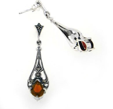 Vintage Reproduction Sterling Silver Teardrop Red Glass Marcasite Earrings