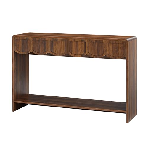 Console Table with Drawers, Mid-Century 43 Inches Narrow Entryway Table with Open Storage Shelves, Hallway Accent Table Behind Couch Table for Living Room - Walnut