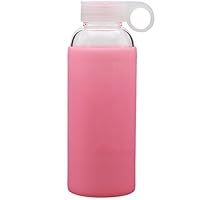 Bonison (Limited Time Durable Glass Water Bottle with Soft Colorful Silicone Sleeve Handle Lid 14 Oz Pink