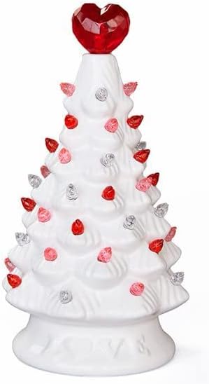 Trees - VGAZE Valentine's Day White Ceramic Tree Ornament,White Ceramic Christmas Tree with LED Lights,Ceramic Tree Night Light,Tree for Indoor Halloween Decorations (LED Ornaments)