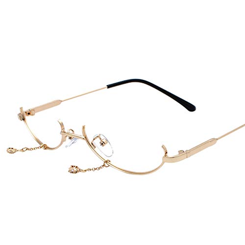 Women Fashion None lens Chain Pendant Decoration Flat Mirror Glasses Outdoor Stylish Eyeglasses (Gold, Size:Free Size)