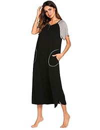 Ekouaer - Camisón largo de manga corta para mujer con bolsillos