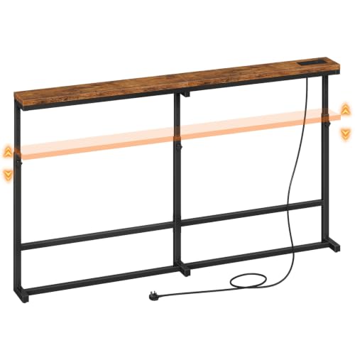 HOOBRO 160 cm Slim Console Table with Charging Station, Height Adjustable | Behind Sofa Table with Power Outlet, Long Hallway Table for Entryway, Living Room, Rustic Brown and Black EBF167KXG01