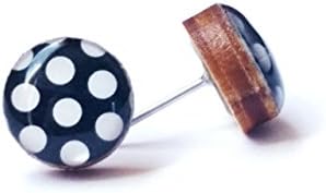 Handmade black and white polka dot print wooden stud earrings 10mm jewelry