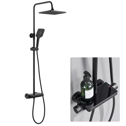 Auralum Thermostatic Shower Column with Glass Shelf, Thermostatic Mixer Tap and Shower Canopy Wide 12", 3 Water-Saving Jets - Complete Kit