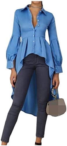 Freely Womens Solid Lantern Sleeve Mid Dress Dovetail Single-Breasted Tops Blouses