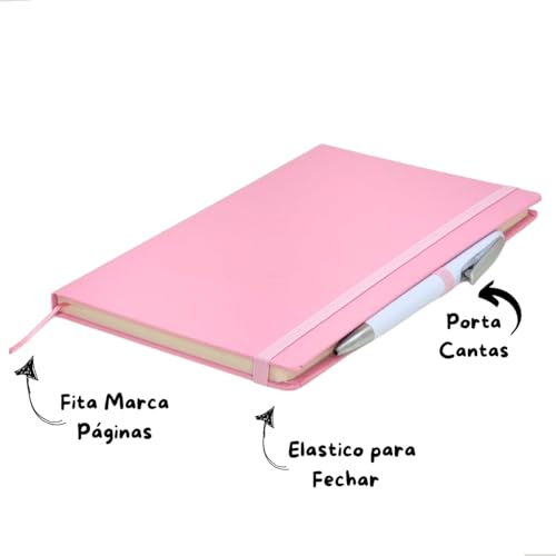 Caderneta A5 Tipo Moleskine Executiva, Capa em Couro Sintético Premium, com Elástico para Fechar, Fita Marca Páginas e Porta Caneta (Rosa com Pauta)