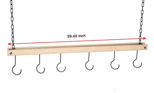 Soduku Pot and Pan Rack Organizer, Ceiling Mounted Single Wooden Cookware Hanger with 6 Hooks for Pot Pans Utensils
