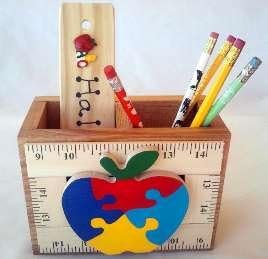 WOODEN CADDY/ORGANIZER, AA-R26 APP - w/PUZZLE ON APPLE, 6.5"x4.75"x3.35" A TWO PARTITION ORGANIZER made in USA - AN AUTISM AWARENESS GIFT. Accessories are not included unless specified.