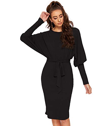 Floerns Women's Long Sleeve Casual Belted Knitted Pencil Dress Black S
