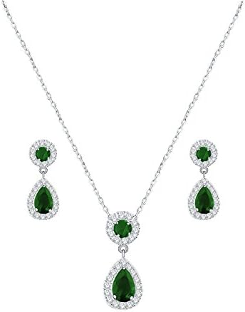 QUKE Silver Tone Emerald-color CZ Cubic Zirconia Crystal Dangle Earring Bridal Necklace Woman Jewelry Set