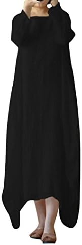 Women Maxi Dress, Ladies Plus Size Linen Dress Crew Neck Loose Casual Solid Baggy Boho Long Dress (L, Green)