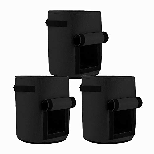 GEMGO 3 Pack Potato Grow Bag, 7 Gallon Aeration Waterproof Fabric Sweet Potato Planter, Velcro Window Vegetable Peanut Growing Box Bucket Pot for Nursery Garden (3 Pack, Black)