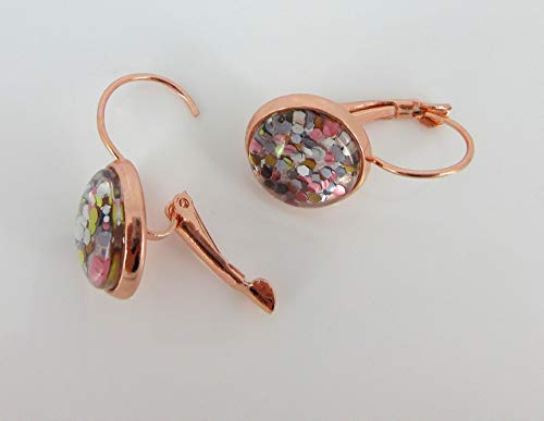 Rose Gold-tone Pearly Silver and 5 Metal Glitter Glass Drop Earrings Hand-painted