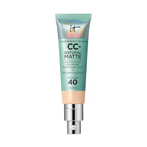 IT Cosmetics Full Coverage Foundation, Natural Matte, Made with Hyaluronic Acid, SPF 40 Protection, Your Skin But Better CC+, Shade: Fair, 32ml