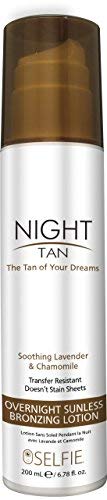 Selfie Night Tan Overnight Sunless Lotion "The Tan of Your Dreams" (Beach Bronze) Transfer Resistant - Infused With Soothing Lavender & Chamomile, Formulated For All Skin Types, 6.78 oz