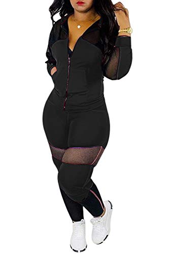 Womens Sexy Mesh Patchwork Zip Up Hoodie Jacket Two Piece Outfits Skinny Long Pants Clubwear Tracksuit Sportswear Set (Black, L)