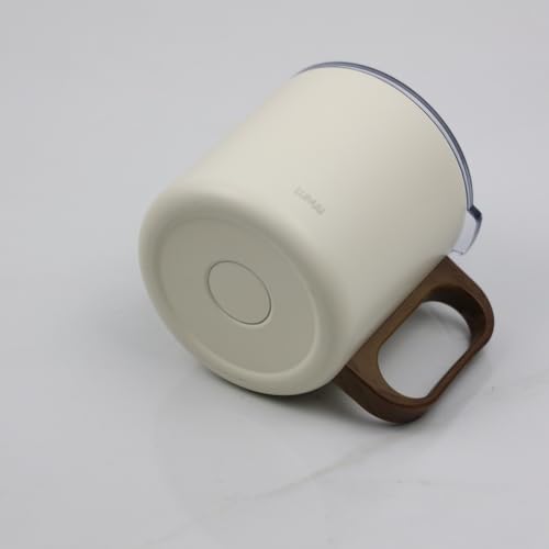 LUMAI Caneca Térmica 350ml Inox com Tampa Antivazamento Premium - Branca | Caneca de Café Caraíva, Aço Inox 304, Parede Dupla com Isolamento Térmico, Alça Estilo Madeira, Bebidas Quentes ou Frias