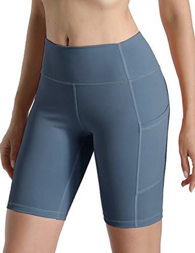 Natural Feelings High Waist Yoga Shorts Side Pockets Fitness Athletic Workout Running Bike Shorts Gray Blue