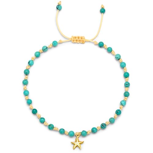 J.Endéar Tobillera De Turquesa Para Mujer, Regalo De Verano De Tobillera De Cuerda Tejida Para Playa, Plata De Ley 925, Chapado En Oro De 18K Estrella de Mar