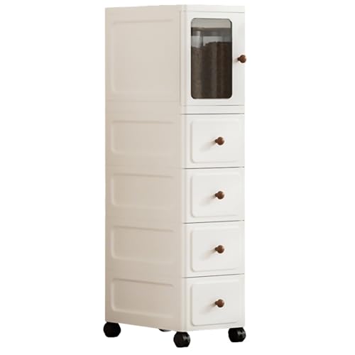 Beauenty Slim Bathroom Cabinet, 4-Tiers Narrow Storage Cabinet with Doors, Plastic Standing Bathroom Organizer, Floor Cabinets with Wheels for Kitchen, Bedside, Living Room (1Door 4Drawer)