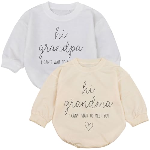 BUMPEXPAND 2Pcs Hi Grandma & Grandpa I Can't Wait To Meet You Grandparents Baby Announcement Romper, Baby Surprise Announcement (0-3 Months)
