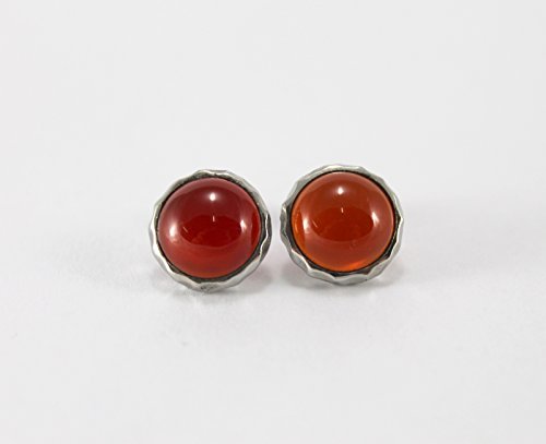 Red Agate Gemstone Round Shape Earring Studs Hammering Texture Design