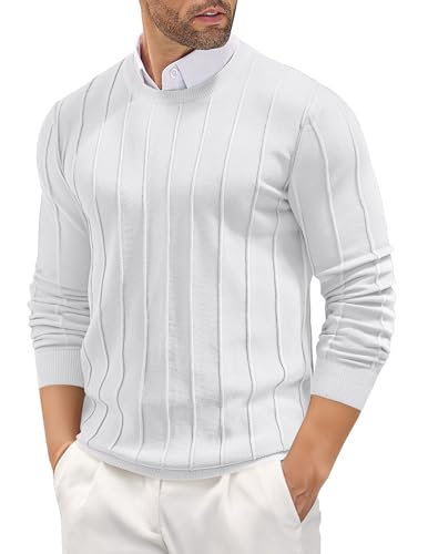 COOFANDY Mens Crew Neck Sweater Cable Knit Pullovers and Sweater White at Amazon