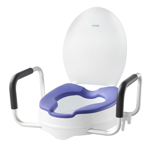 ANNWA Adult Toilet Booster Seat with Armrests and Lid, Raised Toilet Seat 10 cm, Adult Toilet Booster Seat with Padded Handles, 200 kg Load, Post Surgery Toilet (N1FYT16)