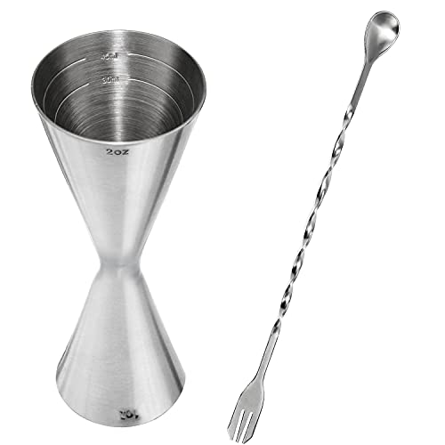 Jigger Cocktail 30 ml/60 ml Misurino Cocktail Professionale 304 Acciaio Inossidabile con Cucchiaio Miscelatore, Argento
