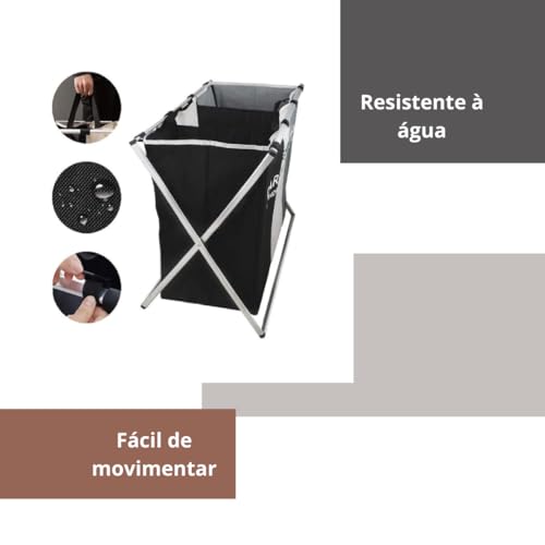Cesto de Roupas com 3 Compartimentos, Dobrável, Resistente à Água, Suporte de Metal, Organizador de Lavanderia
