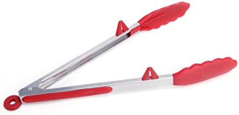 Slowslient Silicone Tongs,Heavy Duty Non-Stick Stainless Steel Tongs Set with Tripod and Silicone Tips Serving for Kitchen,Grilling,Cooking,BBQ Serving Clamp Kitchen Utensils (12 inches) (Red)