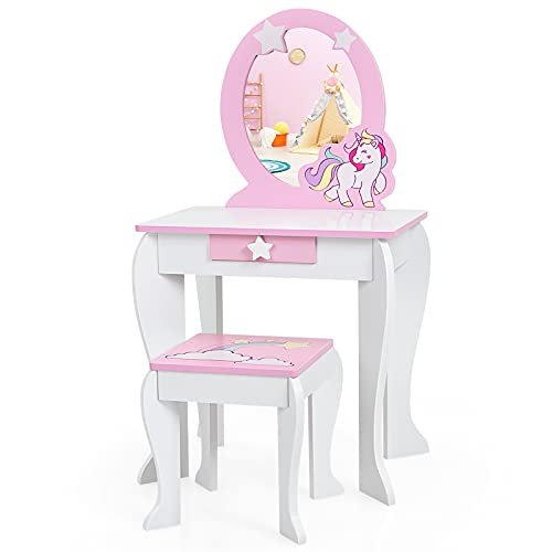 HONEY JOY Kids Vanity Set with Mirror, Wooden Princess Makeup Table and