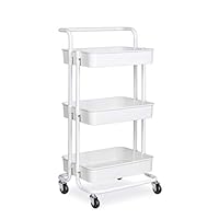 alvorog 3-Tier Rolling Utility Cart Storage Shelves Multifunction Storage Trolley Service Cart with Mesh Basket Handles and Wheels Easy Assembly for Bathroom, Kitchen, Office (White)