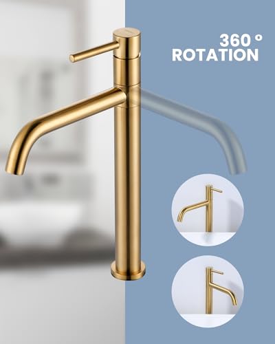 ARCORA High Basin Tap, High Single Lever Mixer, 360° Rotating, Ceramic Cartridge, Solid Brass Stainless Steel, Smooth Temperature Adjustment, for Bathroom Sink, Gold
