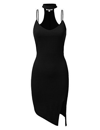 Doublju stretchy ribbed knit chocker neck maxi dress black medium